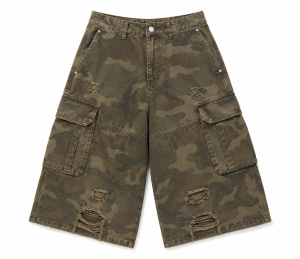 Distressed Wide-Legs Camo Cargo Shorts