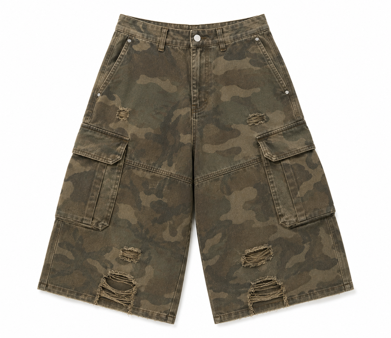 Distressed Wide-Legs Camo Cargo Shorts